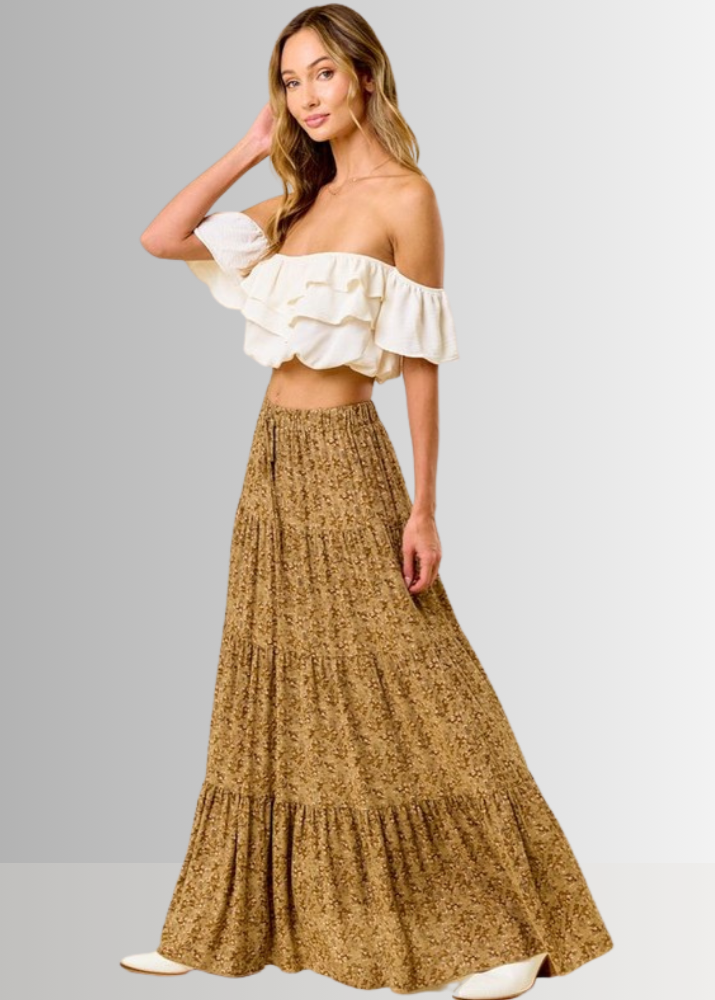 Made in USA Women's Taupe Mustard Rayon Ditsy Floral Maxi Skirt | Classy Cozy Cool Made in America Boutique