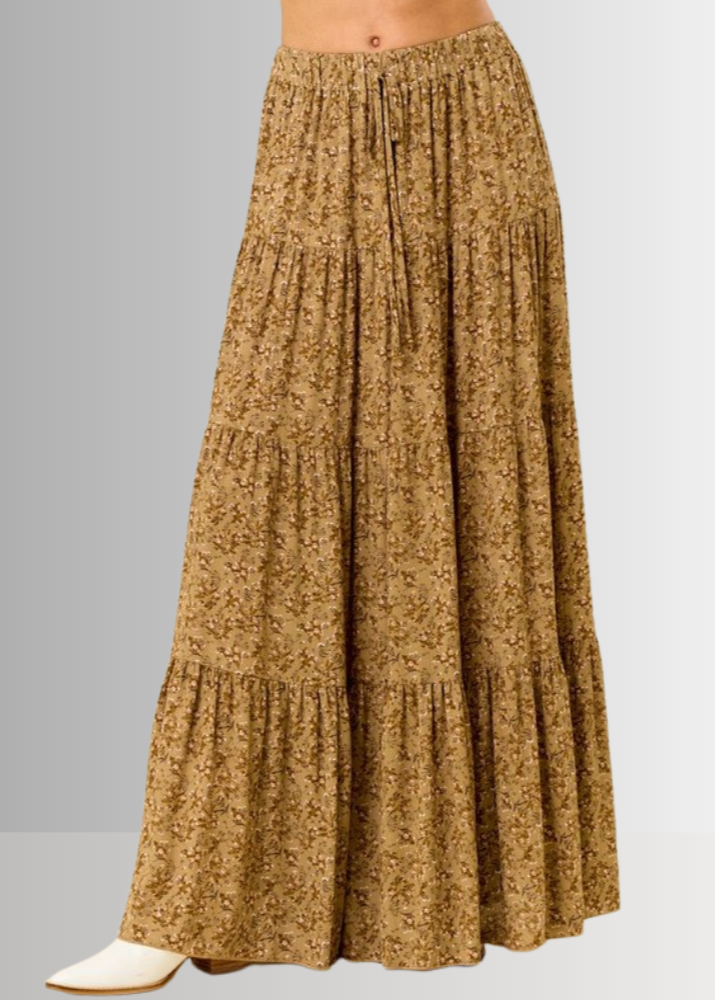 Made in USA Women's Taupe Mustard Rayon Ditsy Floral Maxi Skirt | Classy Cozy Cool Made in America Boutique