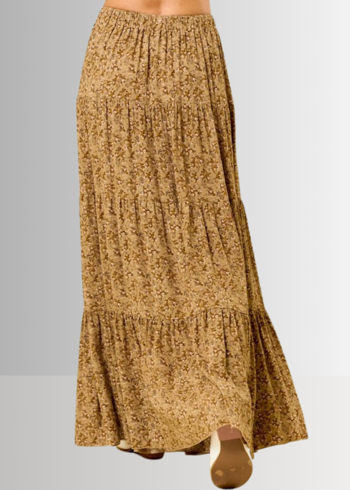 Made in USA Women's Taupe Mustard Rayon Ditsy Floral Maxi Skirt | Classy Cozy Cool Made in America Boutique