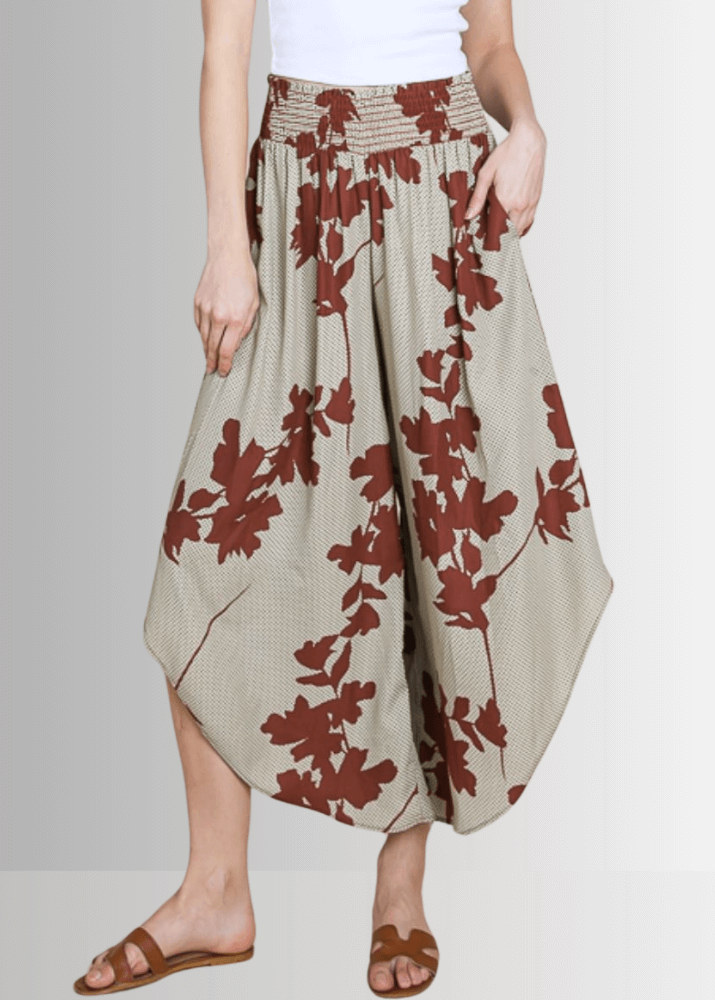 Made in USA Women's Sage with Brown Floral Printed Smocked Waist Pants with Pockets and Asymmetrical Cropped Hem | Brand: Bucket List Style P5024