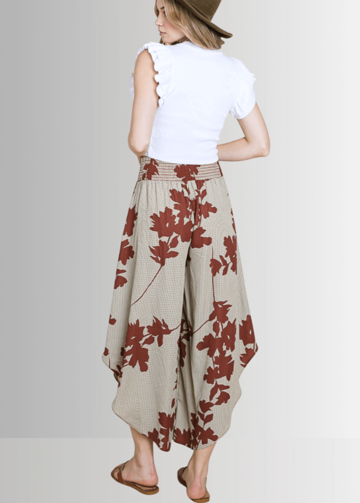Made in USA Women's Sage with Brown Floral Printed Smocked Waist Pants with Pockets and Asymmetrical Cropped Hem | Brand: Bucket List Style P5024
