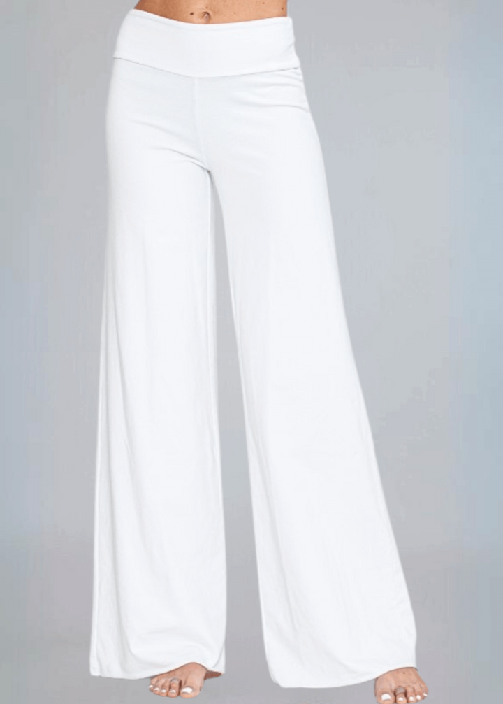 Made in USA Women's Wide Leg Flare Pants in American Made French Terry Cotton in Garment Washed White |  Style C30720 | Classy Cozy Cool Made in America Boutique