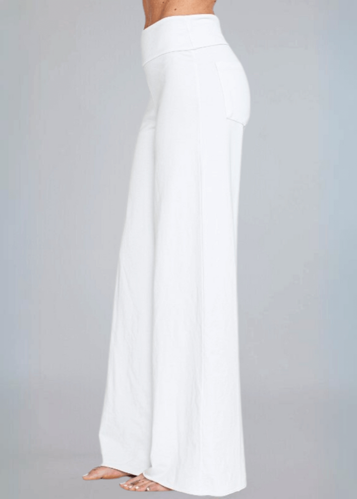 Made in USA Women's Wide Leg Flare Pants in American Made French Terry Cotton in Garment Washed White | Style C30720 | Classy Cozy Cool Made in America Boutique