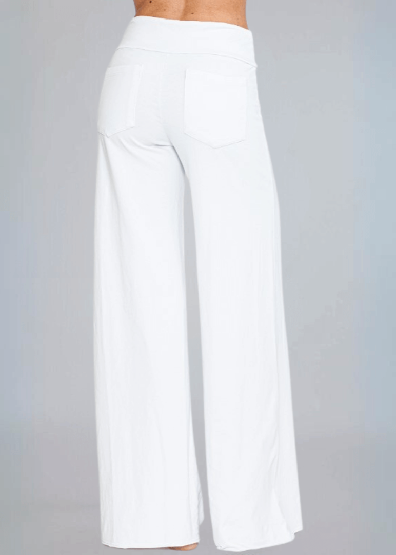Made in USA Women's Wide Leg Flare Pants in American Made French Terry Cotton in Garment Washed White | Style C30720 | Classy Cozy Cool Made in America Boutique