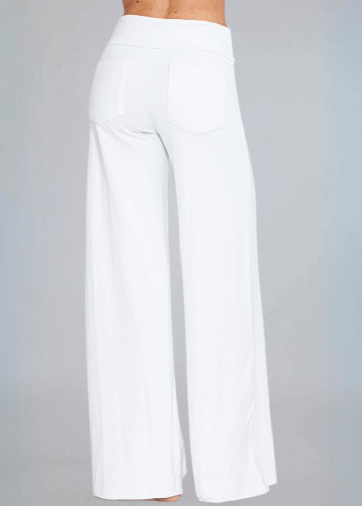 Made in USA Women's Wide Leg Flare Pants in American Made French Terry Cotton in Garment Washed White | Style C30720 | Classy Cozy Cool Made in America Boutique