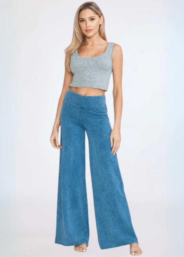 Made in USA Women's Wide Leg Flare Pants in American Made French Terry Cotton in Mineral Washed Light Denim | Style C30720 | Classy Cozy Cool Made in America Boutique