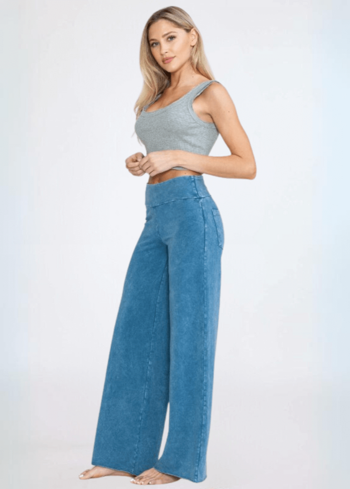 Made in USA Women's Wide Leg Flare Pants in American Made French Terry Cotton in Mineral Washed Light Denim | Style C30720 | Classy Cozy Cool Made in America Boutique