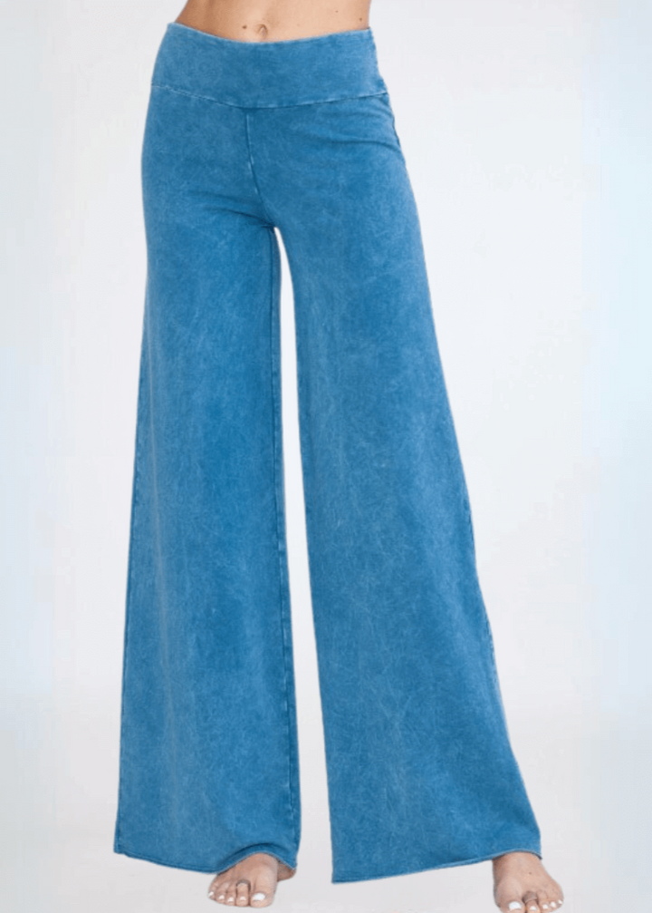 Made in USA Women's Wide Leg Flare Pants in American Made French Terry Cotton in Mineral Washed Light Denim |  Style C30720 | Classy Cozy Cool Made in America Boutique