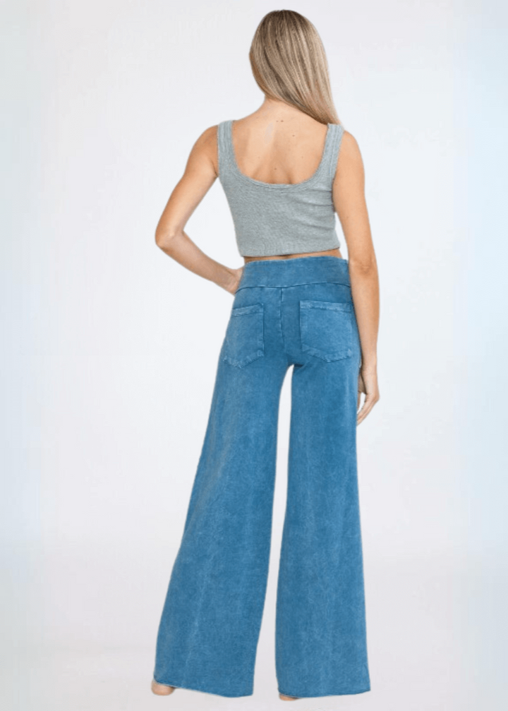 Made in USA Women's Wide Leg Flare Pants in American Made French Terry Cotton in Mineral Washed Light Denim | Style C30720 | Classy Cozy Cool Made in America Boutique