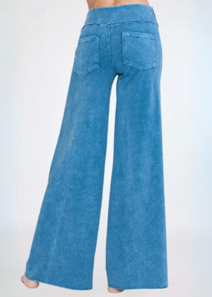 Made in USA Women's Wide Leg Flare Pants in American Made French Terry Cotton in Mineral Washed Light Denim | Style C30720 | Classy Cozy Cool Made in America Boutique