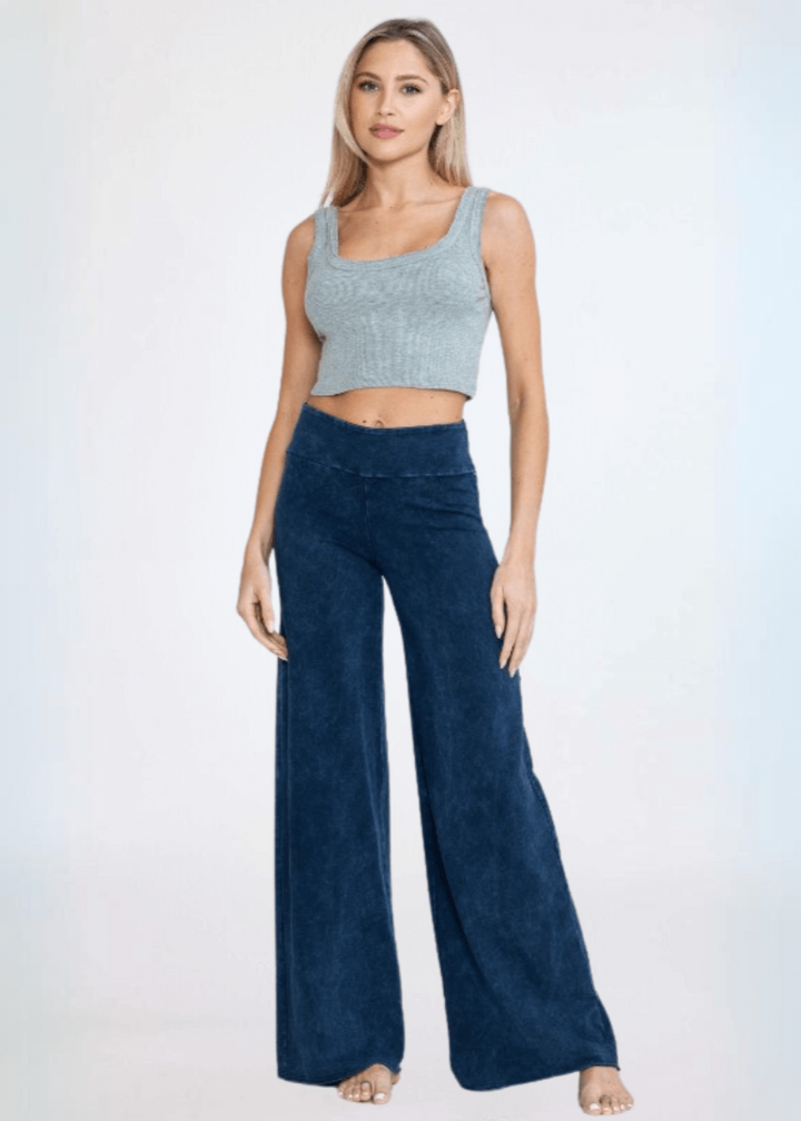 Made in USA Women's Wide Leg Flare Pants in American Made French Terry Cotton in Mineral Washed Dark Denim | Style C30720 | Classy Cozy Cool Made in America Boutique