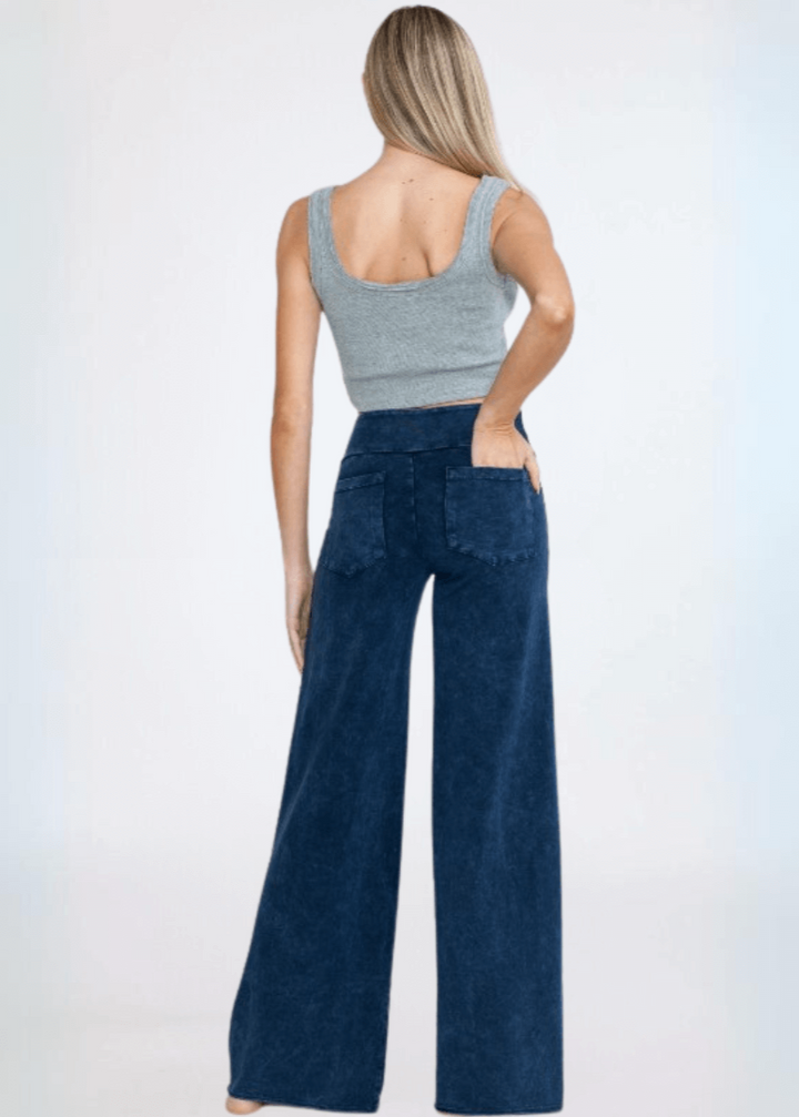 Made in USA Women's Wide Leg Flare Pants in American Made French Terry Cotton in Mineral Washed Dark Denim | Style C30720 | Classy Cozy Cool Made in America Boutique