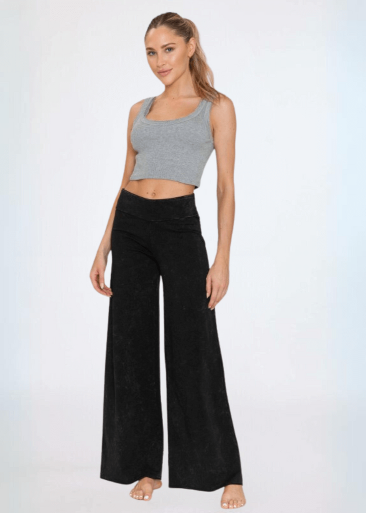 Made in USA Women's Wide Leg Flare Pants in American Made French Terry Cotton in Mineral Washed Black |  Style C30720 | Classy Cozy Cool Made in America Boutique