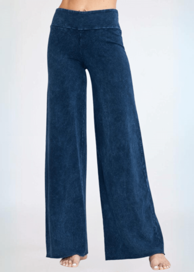 Made in USA Women's Wide Leg Flare Pants in American Made French Terry Cotton in Mineral Washed Dark Denim | Style C30720 | Classy Cozy Cool Made in America Boutique