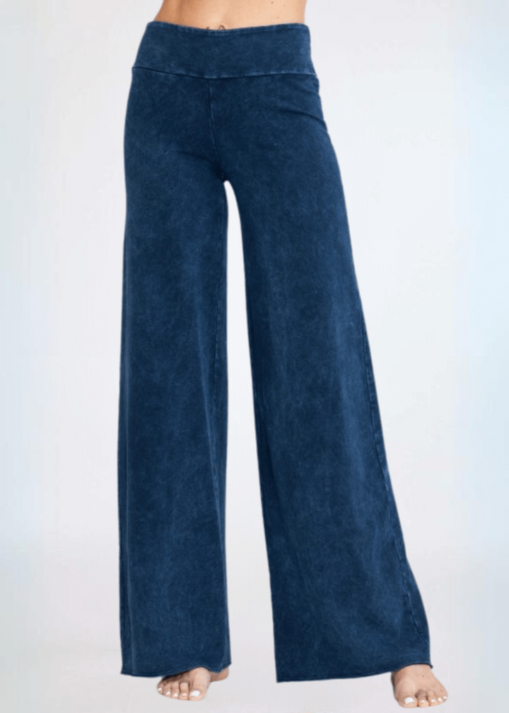Made in USA Women's Wide Leg Flare Pants in American Made French Terry Cotton in Mineral Washed Dark Denim | Style C30720 | Classy Cozy Cool Made in America Boutique