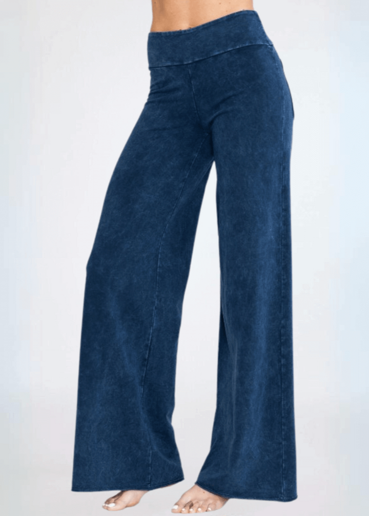 Made in USA Women's Wide Leg Flare Pants in American Made French Terry Cotton in Mineral Washed Dark Denim |  Style C30720 | Classy Cozy Cool Made in America Boutique