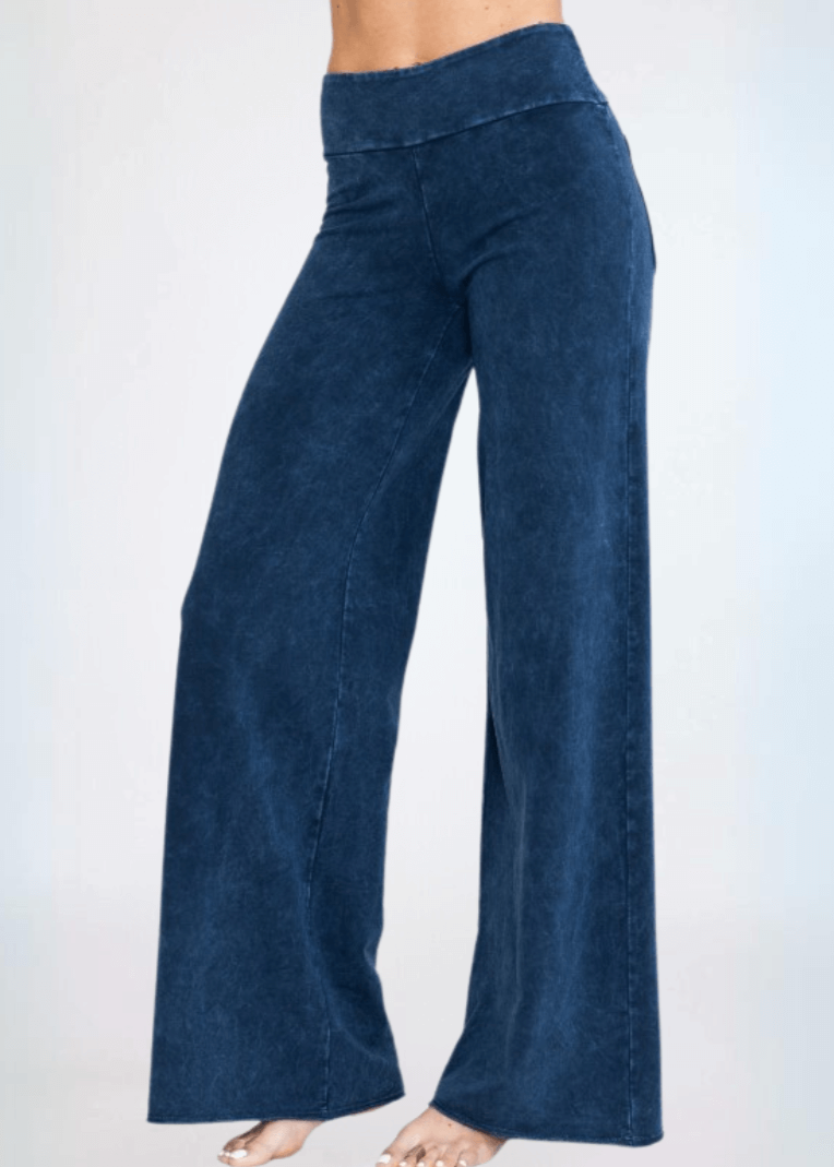 Made in USA Women's Wide Leg Flare Pants in American Made French Terry Cotton in Mineral Washed Dark Denim |  Style C30720 | Classy Cozy Cool Made in America Boutique