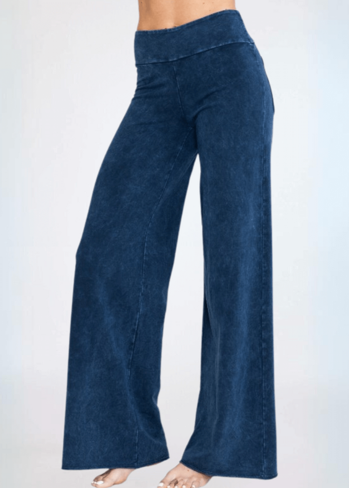Made in USA Women's Wide Leg Flare Pants in American Made French Terry Cotton in Mineral Washed Dark Denim |  Style C30720 | Classy Cozy Cool Made in America Boutique