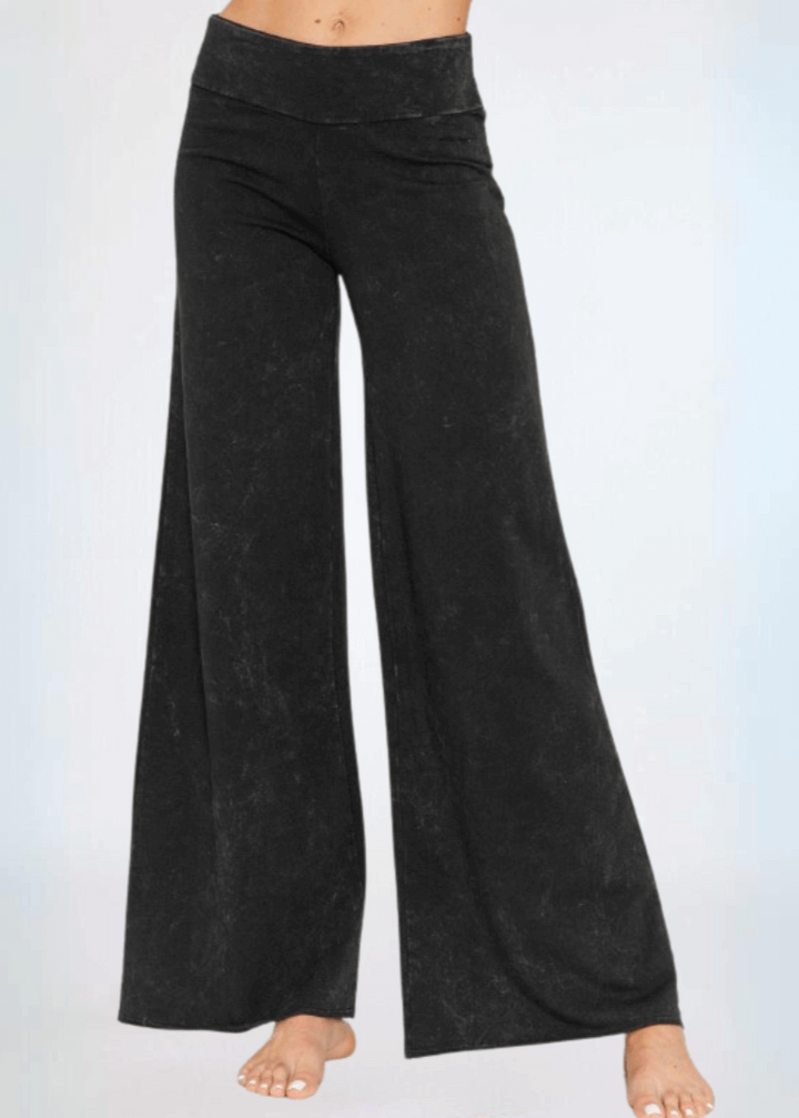 Made in USA Women's Wide Leg Flare Pants in American Made French Terry Cotton in Mineral Washed Black |  Style C30720 | Classy Cozy Cool Made in America Boutique
