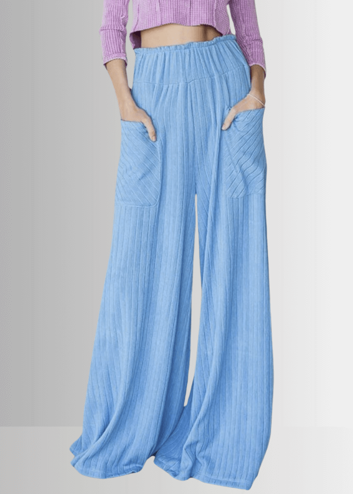 Bucket List Style P5150, Women's Light Blue Wide Leg Palazzo Pants, Large Side Patch Pockets, Wide Ruffled Waistband, High Rise, Textured Ribbed Fabrication Made in USA