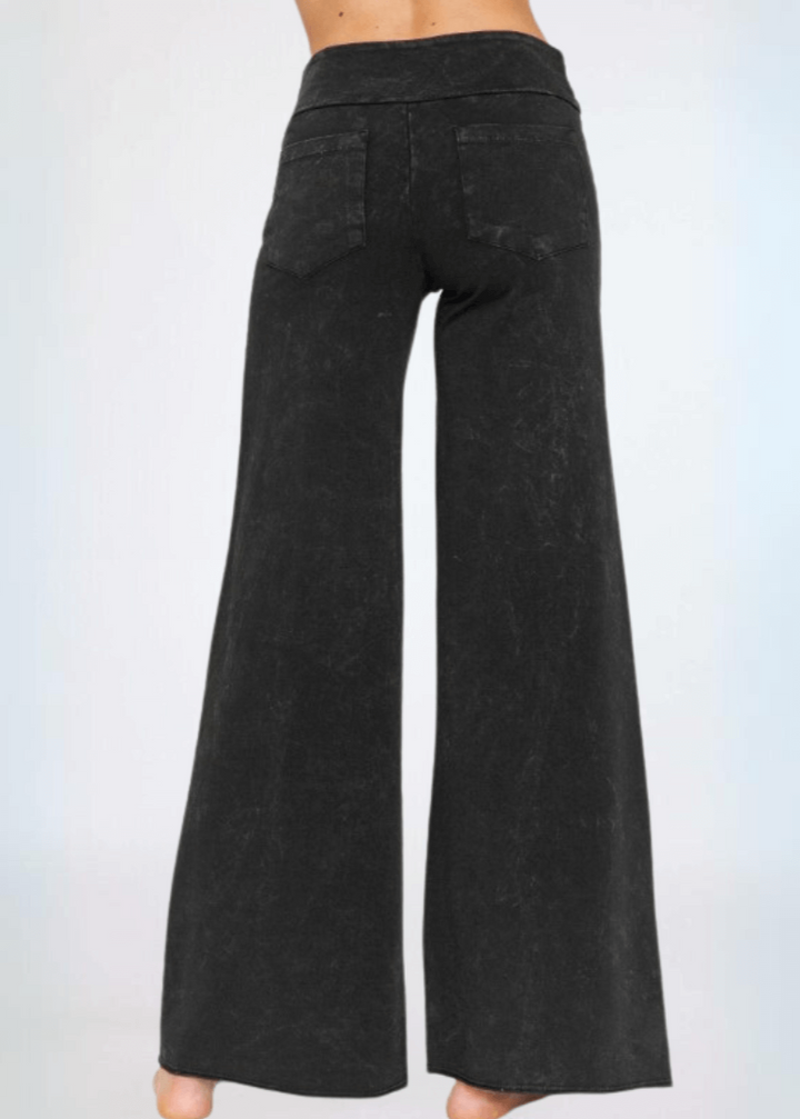 Made in USA Women's Wide Leg Flare Pants in American Made French Terry Cotton in Mineral Washed Black |  Style C30720 | Classy Cozy Cool Made in America Boutique