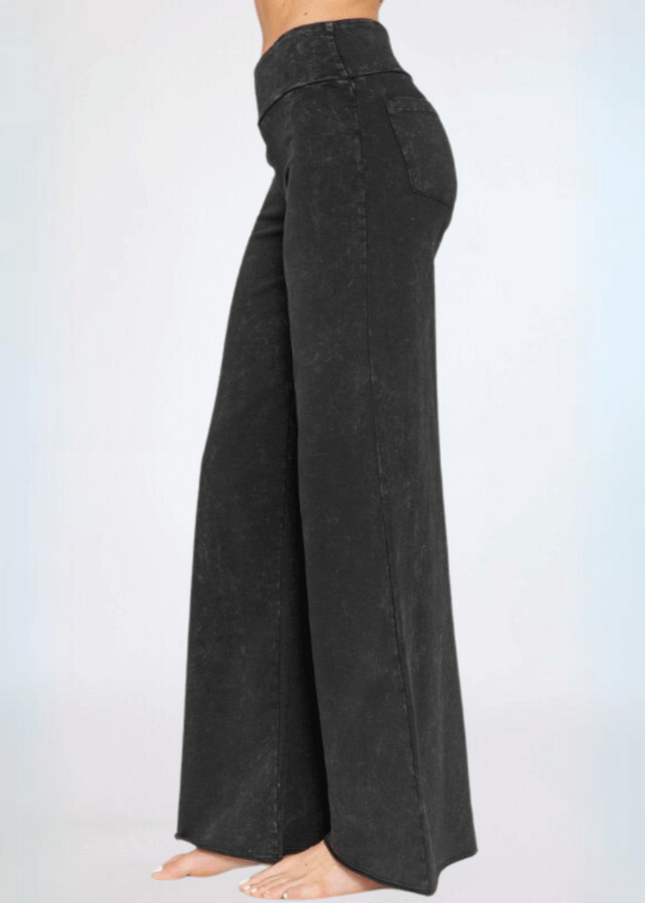 Made in USA Women's Wide Leg Flare Pants in American Made French Terry Cotton in Mineral Washed Black |  Style C30720 | Classy Cozy Cool Made in America Boutique