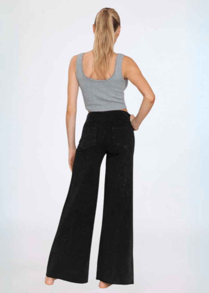 Made in USA Women's Wide Leg Flare Pants in American Made French Terry Cotton in Mineral Washed Black |  Style C30720 | Classy Cozy Cool Made in America Boutique