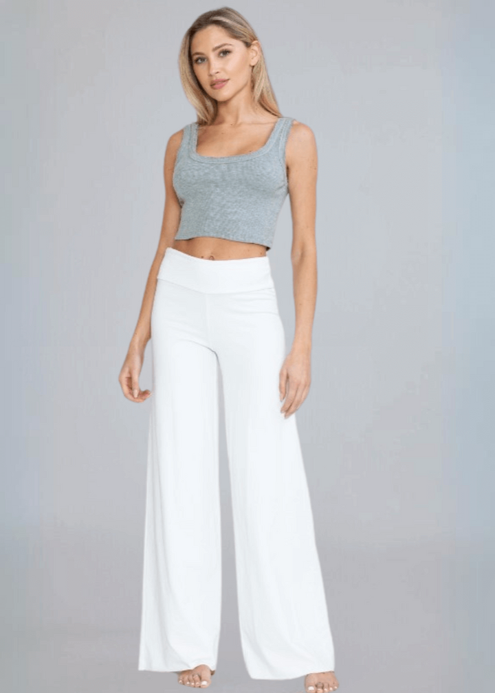 Made in USA Women's Wide Leg Flare Pants in American Made French Terry Cotton in Garment Washed White | Style C30720 | Classy Cozy Cool Made in America Boutique