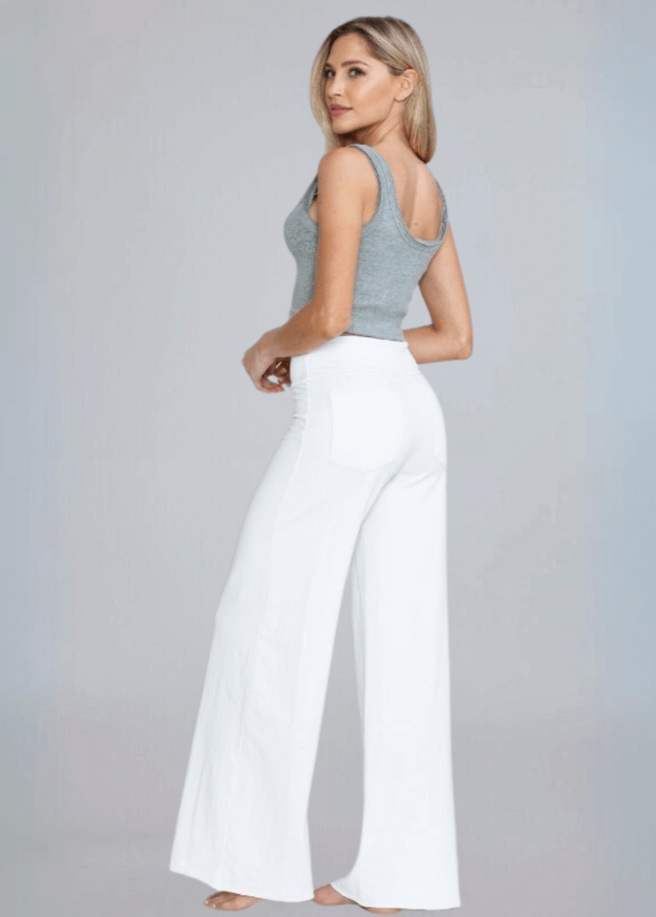 Made in USA Women's Wide Leg Flare Pants in American Made French Terry Cotton in Garment Washed White | Style C30720 | Classy Cozy Cool Made in America Boutique