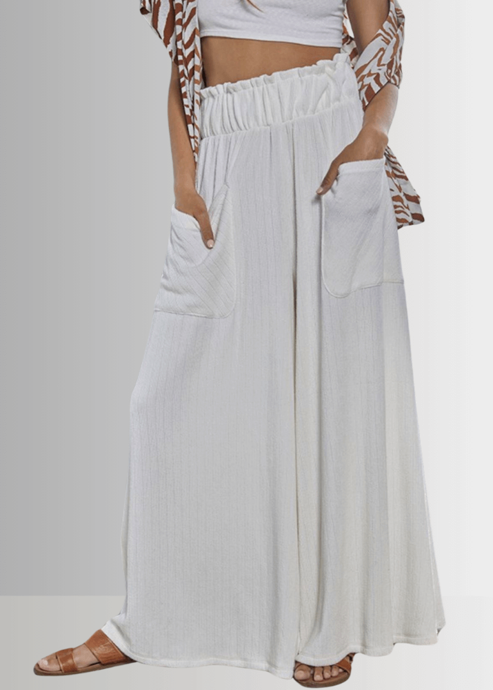 Bucket List Style P5150, Women's Off White Wide Leg Palazzo Pants, Large Side Patch Pockets, Wide Ruffled Waistband, High Rise, Textured Ribbed Fabrication Made in USA
