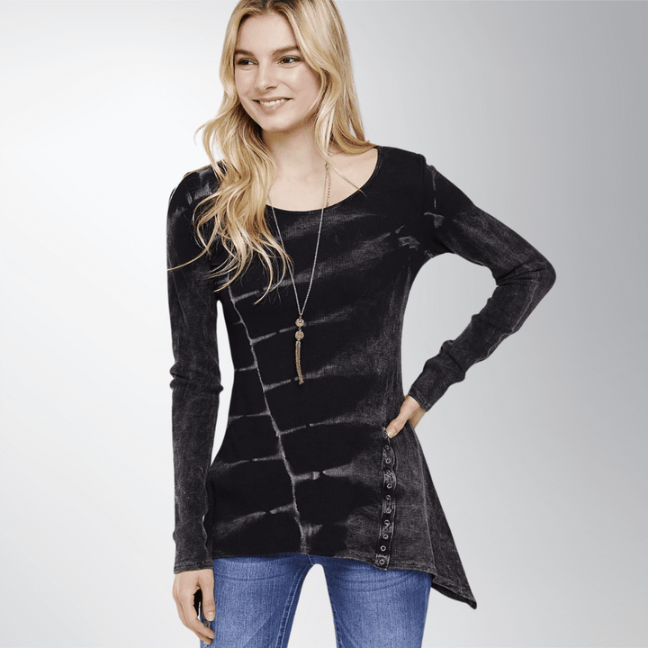 Made in USA Women's Asymmetrical Hem Tie Dye Thermal Tunic in Black/Grey Scoop Neckline, Long Sleeves, 95% Cotton 5% Spandex