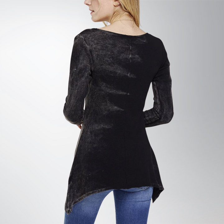 Made in USA Women's Asymmetrical Hem Tie Dye Thermal Tunic in Black/Grey Scoop Neckline, Long Sleeves, 95% Cotton 5% Spandex
