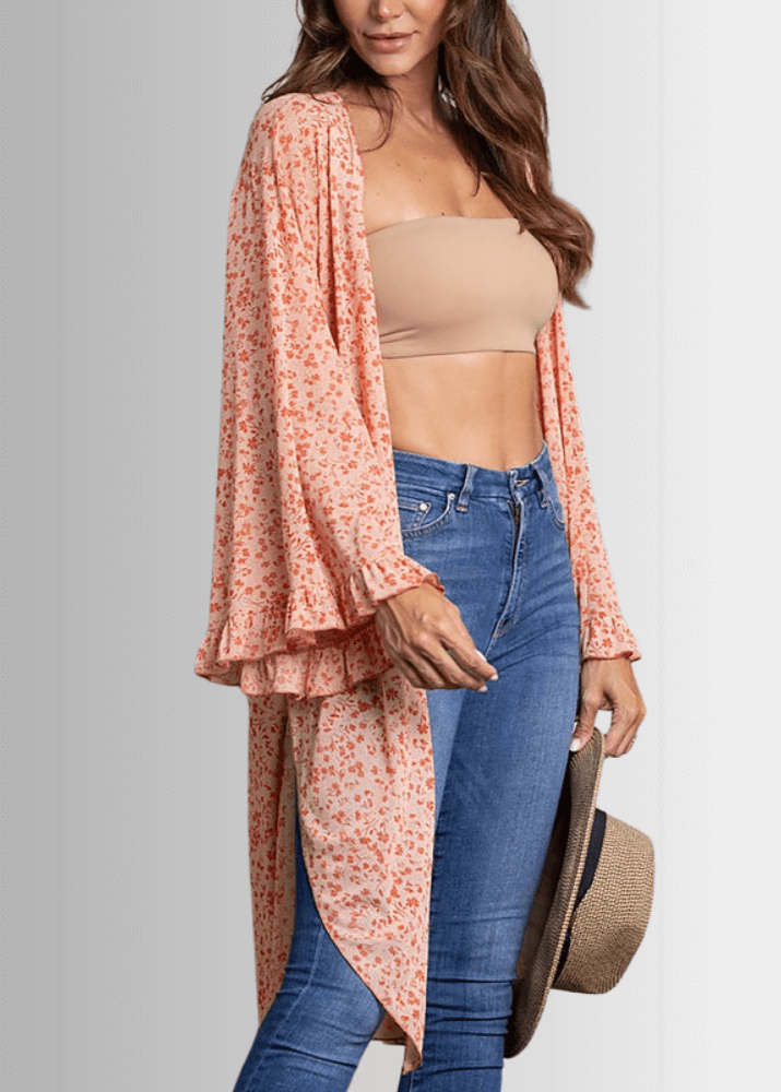 Made in USA Women's Ditsy Floral Bell Sleeve Kimono, Coral Floral Print, Relaxed Fit, 95% Polyester, 5% Spandex | Style RSSW3438 Classy Cozy Cool Women's Made in America Boutique