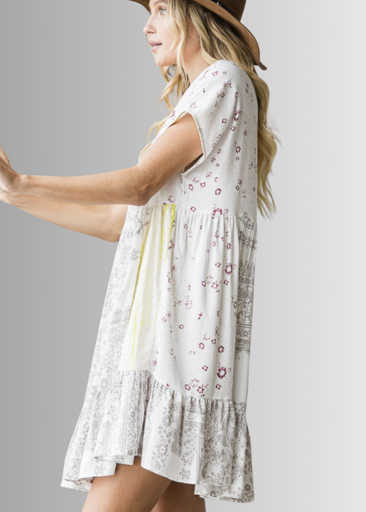 Made in USA Contrast Baby Doll Mini Dress, Short Sleeves, Flounce Ruffle Hem, Mixed Floral Patterns of White, Grey, Yellow and Magenta | Bucket List Style D3024