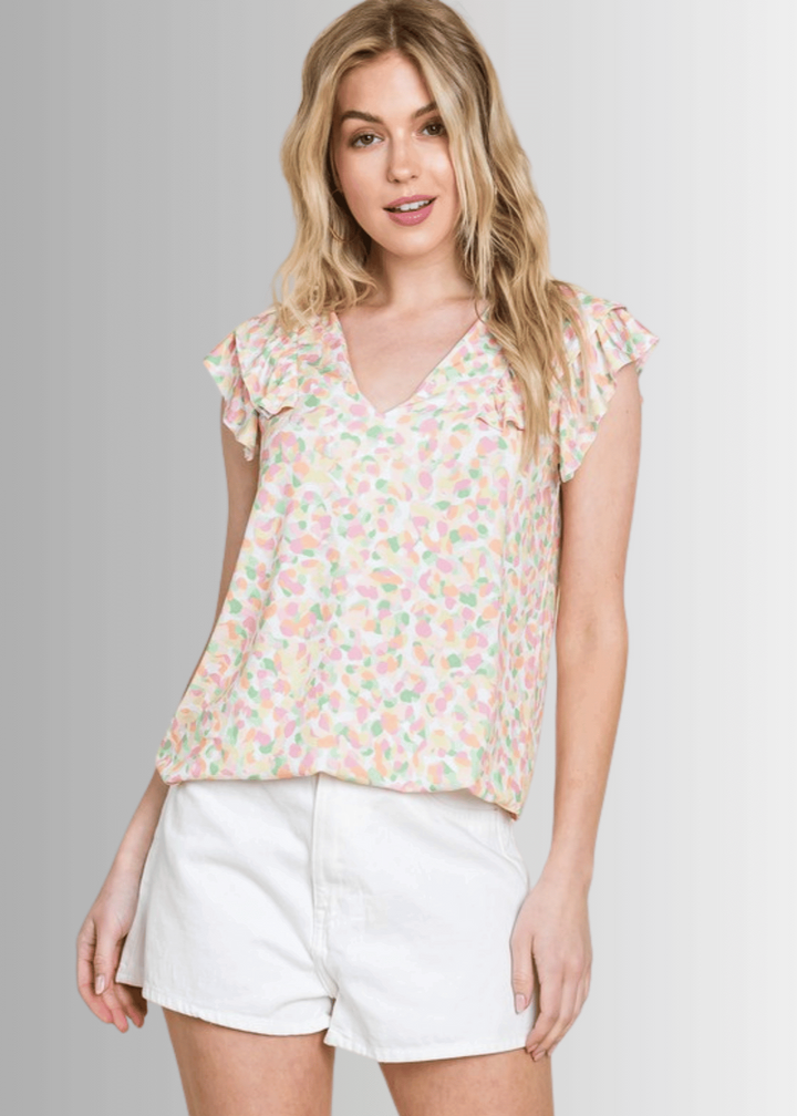 Made in USA Women's Pastel Flutter Sleeve Floral Top, V-Neckline, Longer Length, Multi Colors | Classy Cozy Cool Made in America Boutique