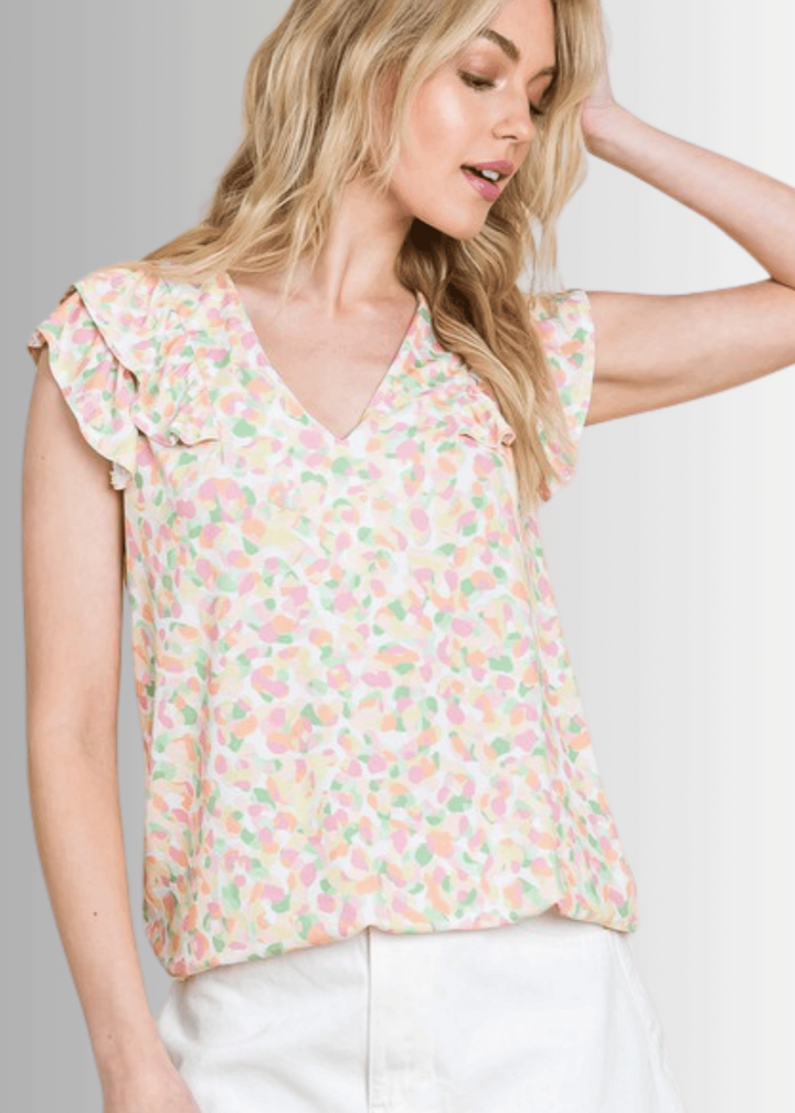 Made in USA Women's Pastel Flutter Sleeve Floral Top, V-Neckline, Longer Length, Multi Colors | Classy Cozy Cool Made in America Boutique