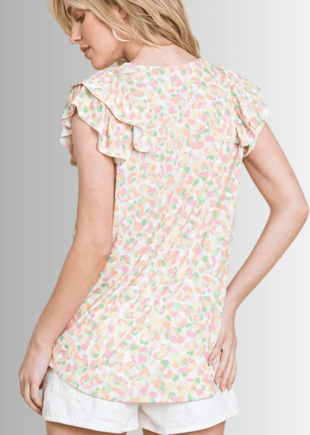 Made in USA Women's Pastel Flutter Sleeve Floral Top, V-Neckline, Longer Length, Multi Colors | Classy Cozy Cool Made in America Boutique