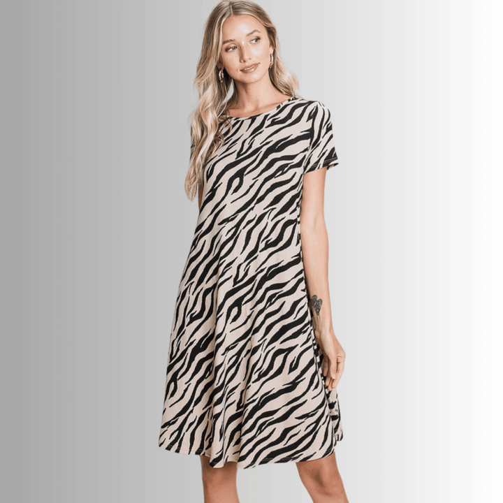 Made in USA Women's Super Soft Casual Animal Print Short Sleeve Dress in Black and Beige Dress  | Classy Cozy Cool Made in America Boutique