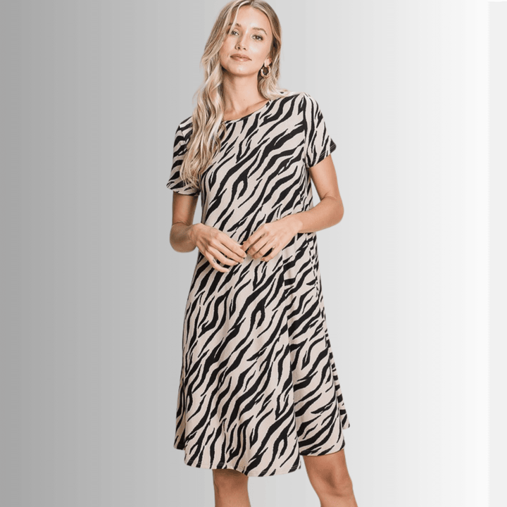 Made in USA Women's Super Soft Casual Animal Print Short Sleeve Dress in Black and Beige Dress  | Classy Cozy Cool Made in America Boutique