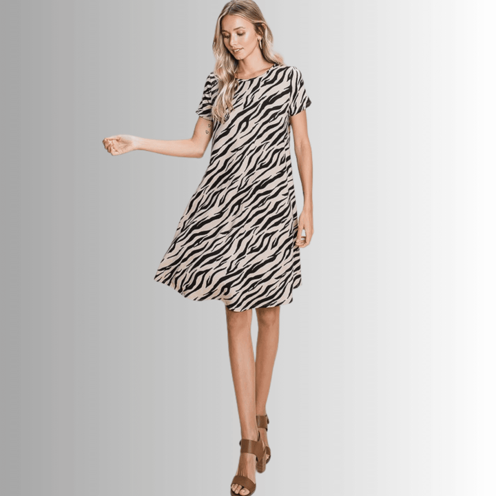 Made in USA Women's Super Soft Casual Animal Print Short Sleeve Dress in Black and Beige Dress  | Classy Cozy Cool Made in America Boutique