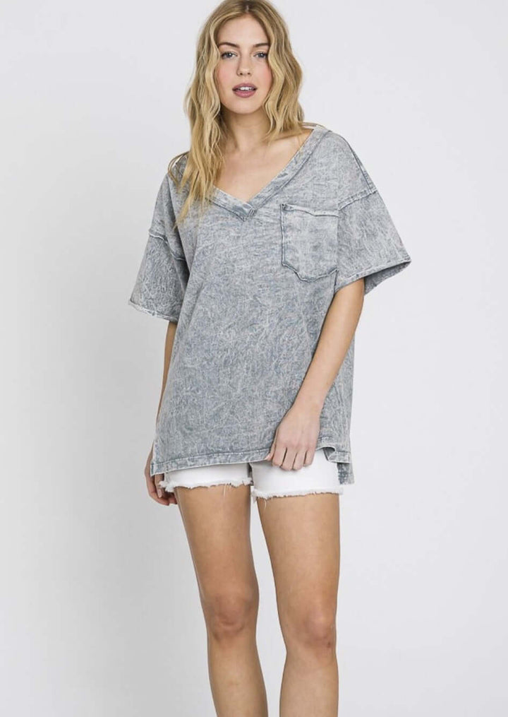 USA Made Ladies V-Neck Relaxed Fit Heavyweight Cotton Mineral Washed Tee Shirt with Front Pocket & Raw Edge Detail in Grey | Classy Cozy Cool Women's Made in America Boutique