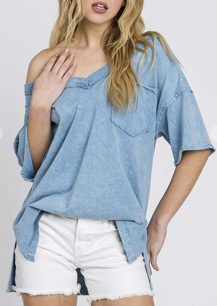 USA Made Ladies V-Neck Relaxed Fit Heavyweight Cotton Mineral Washed Tee Shirt with Front Pocket & Raw Edge Detail in Blue | Classy Cozy Cool Women's Made in America Boutique