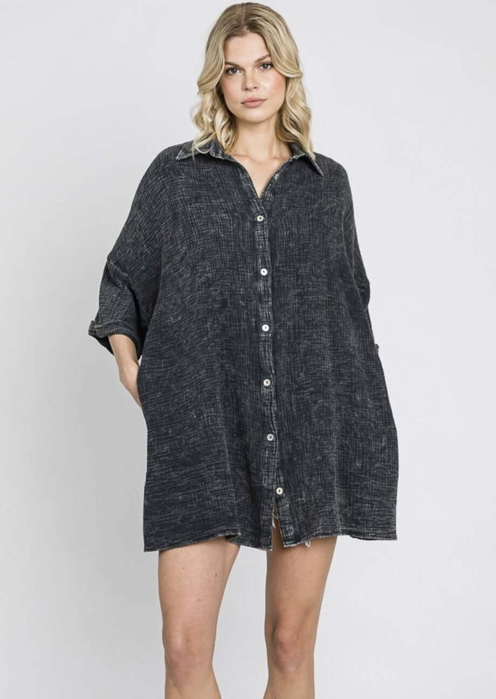 USA Made Women's Soft Mineral Washed Charcoal Black Oversized Cotton Gauze Button Down Tunic Length Long Shirt with Half Sleeves & Side Pockets