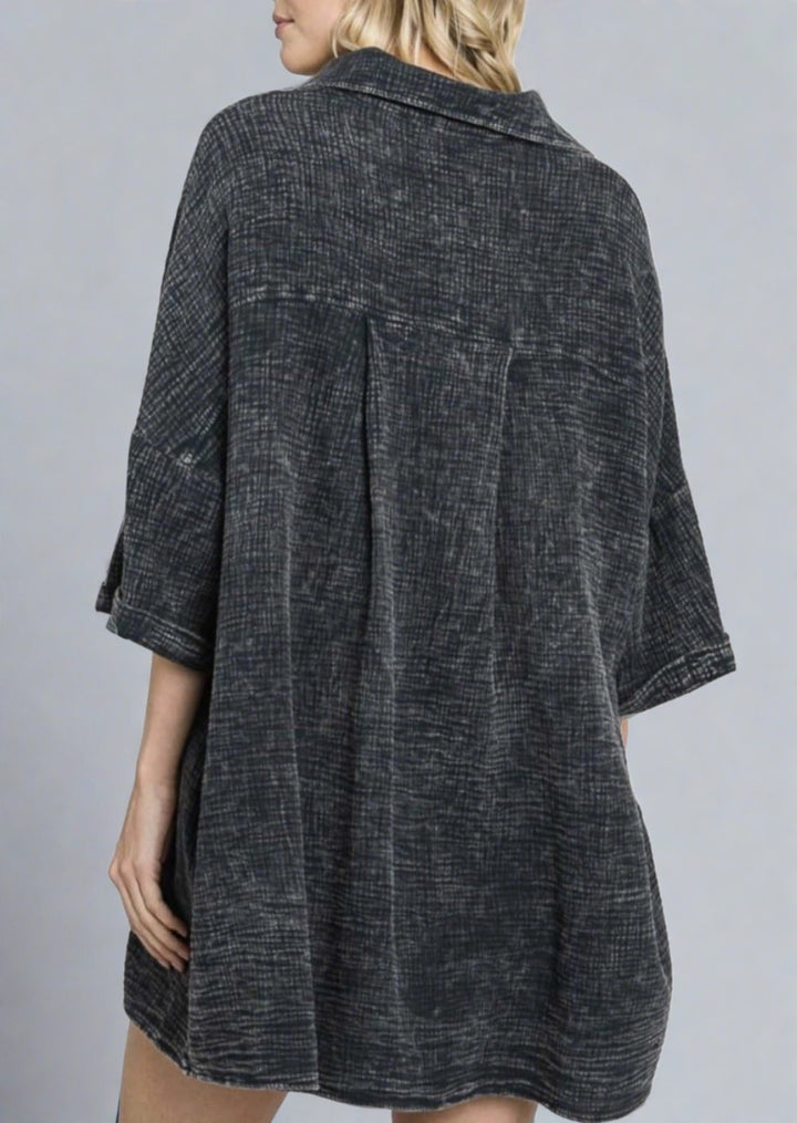 USA Made Women's Soft Mineral Washed Charcoal Black Oversized Cotton Gauze Button Down Tunic Length Long Shirt with Half Sleeves & Side Pockets