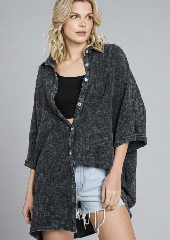 USA Made Women's Soft Mineral Washed Charcoal Black Oversized Cotton Gauze Button Down Tunic Length Long Shirt with Half Sleeves & Side Pockets