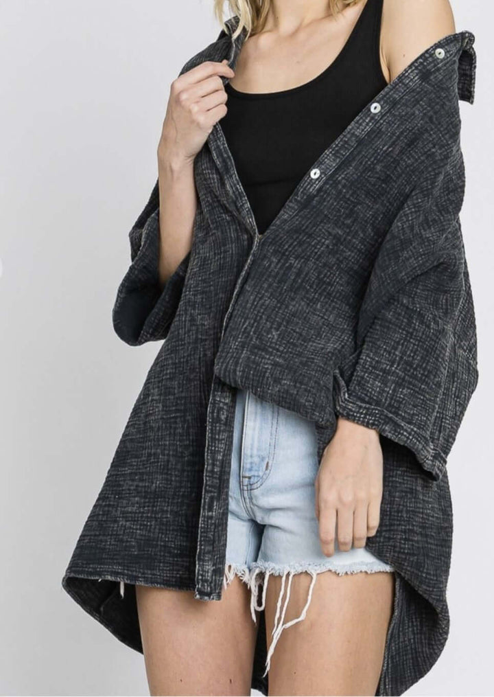 USA Made Women's Soft Mineral Washed Charcoal Black Oversized Cotton Gauze Button Down Tunic Length Long Shirt with Half Sleeves & Side Pockets