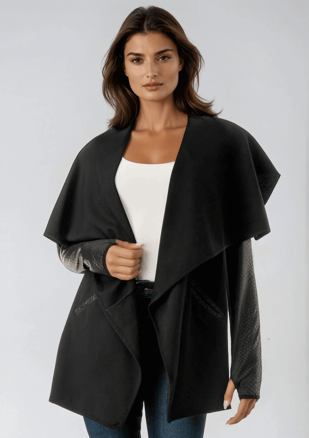 Made in USA Trendy Unique Women's  Black Open Front Jacket with Faux Leather Sleeves, Thumbholes, Snap Lapel Closure and Side Pockets | Classy Cozy Cool Women's Made in America Clothing Boutique