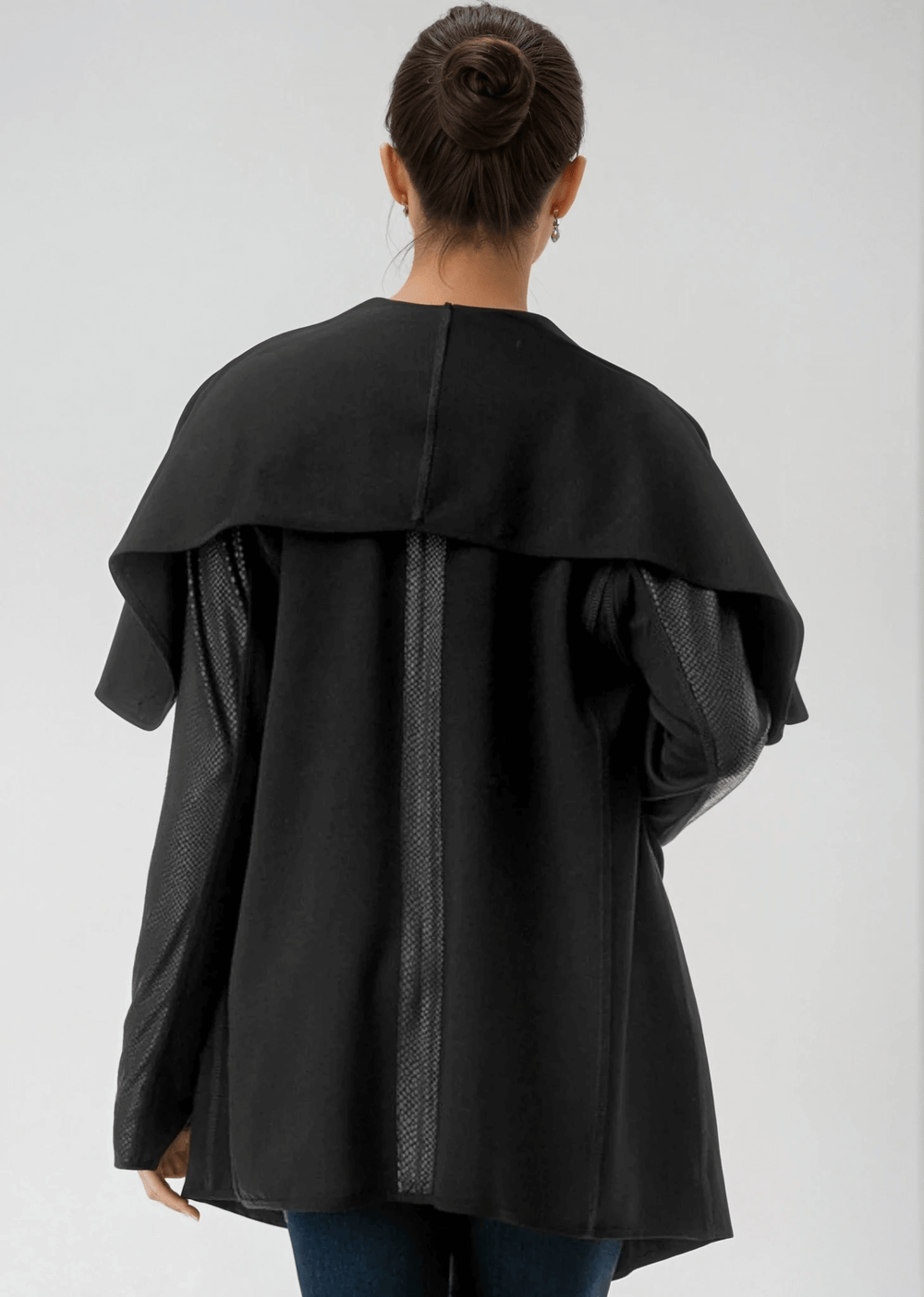 Made in USA Trendy Unique Women's Black Open Front Jacket with Faux Leather Sleeves, Thumbholes, Snap Lapel Closure and Side Pockets | Classy Cozy Cool Women's Made in America Clothing Boutique