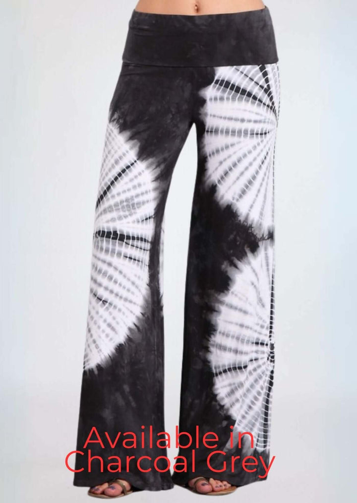 USA Made Women's Charcoal Grey & White Casual Tie Dye Palazzo Pants |  Soft & comfortable design with a wide fold over waistband | Classy Cozy Cool Made in America Boutique