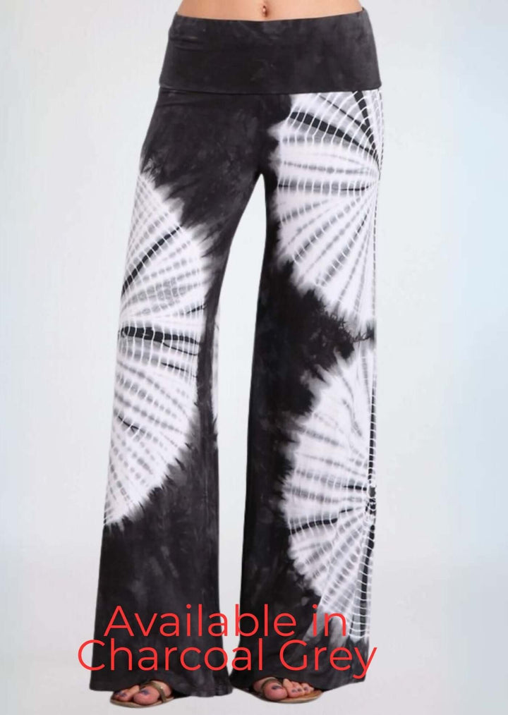 USA Made Women's Charcoal Grey & White Casual Tie Dye Palazzo Pants |  Soft & comfortable design with a wide fold over waistband | Classy Cozy Cool Made in America Boutique
